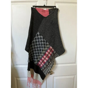 Honeybea Upcycled Patchwork Knit Wool Fringe Poncho Blanket Asymmetrical Shawl
